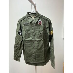 Marci Army Green‎ Cotton Utility Shirt Peace Sign Flag Patches Womens M